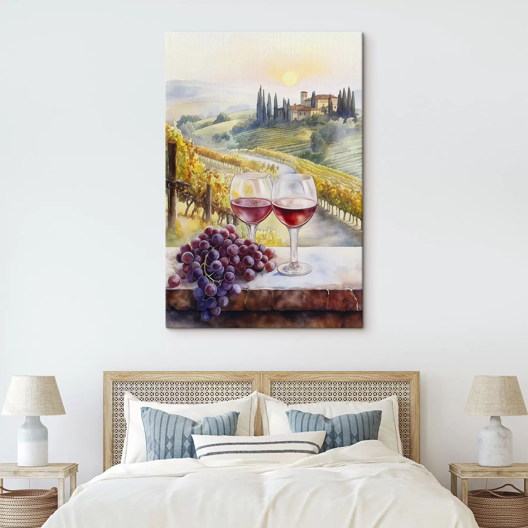 Fotobehang Zonsondergang in Toscane, wijnmakerij, oude architectuur, aquarel stijl, Italië s42446