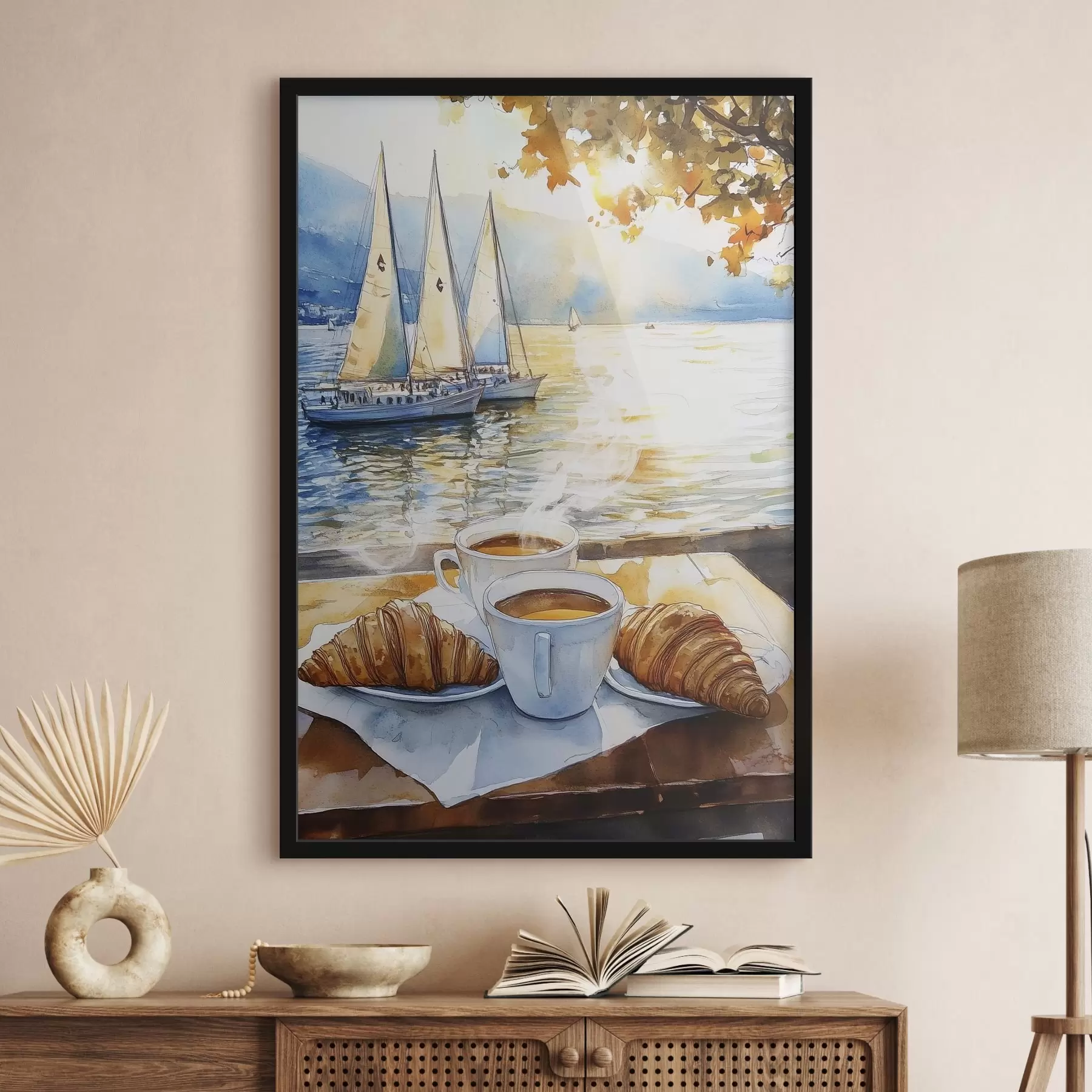 Fotobehang Kopjes koffie, kleuren zonsondergang, meer, zeilboten, natuur, reizen f42443