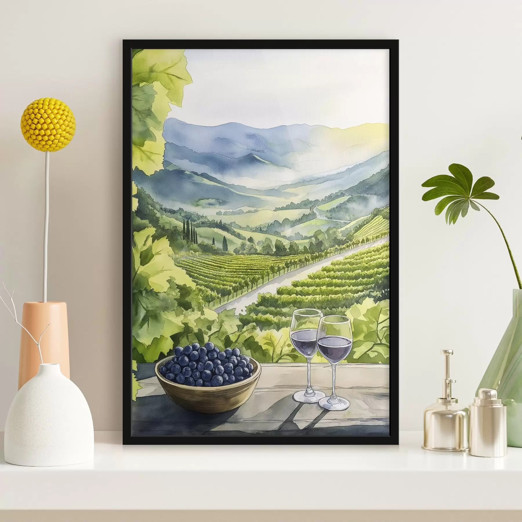 Fotobehang Gpape werven, aquarel stijl landschappen, wijnglazen f42444