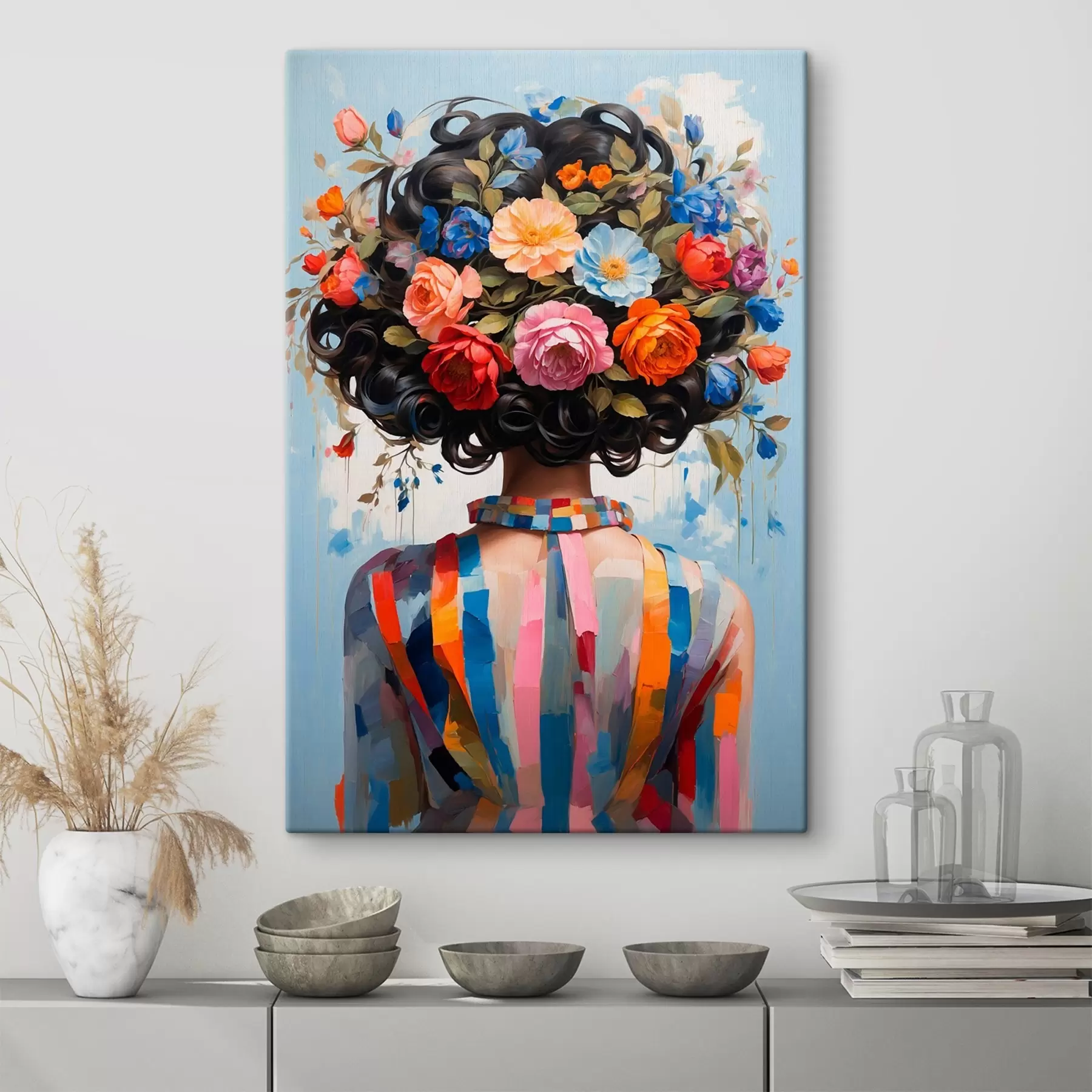  Schilderijen Meisje in kleurrijke jurk en bloemen s42524