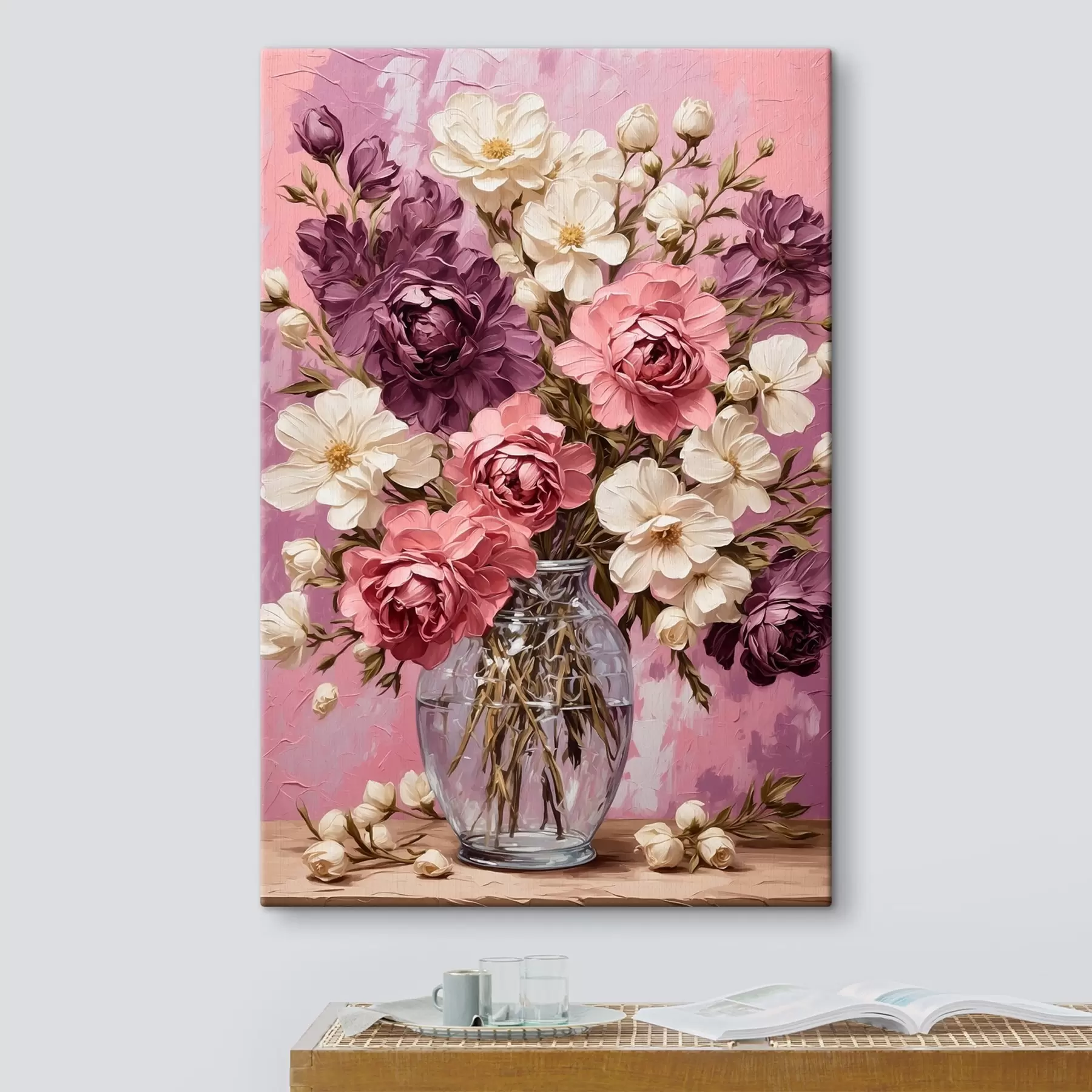  Schilderijen Bloemen in transparante vaas op paarse achtergrond s42535