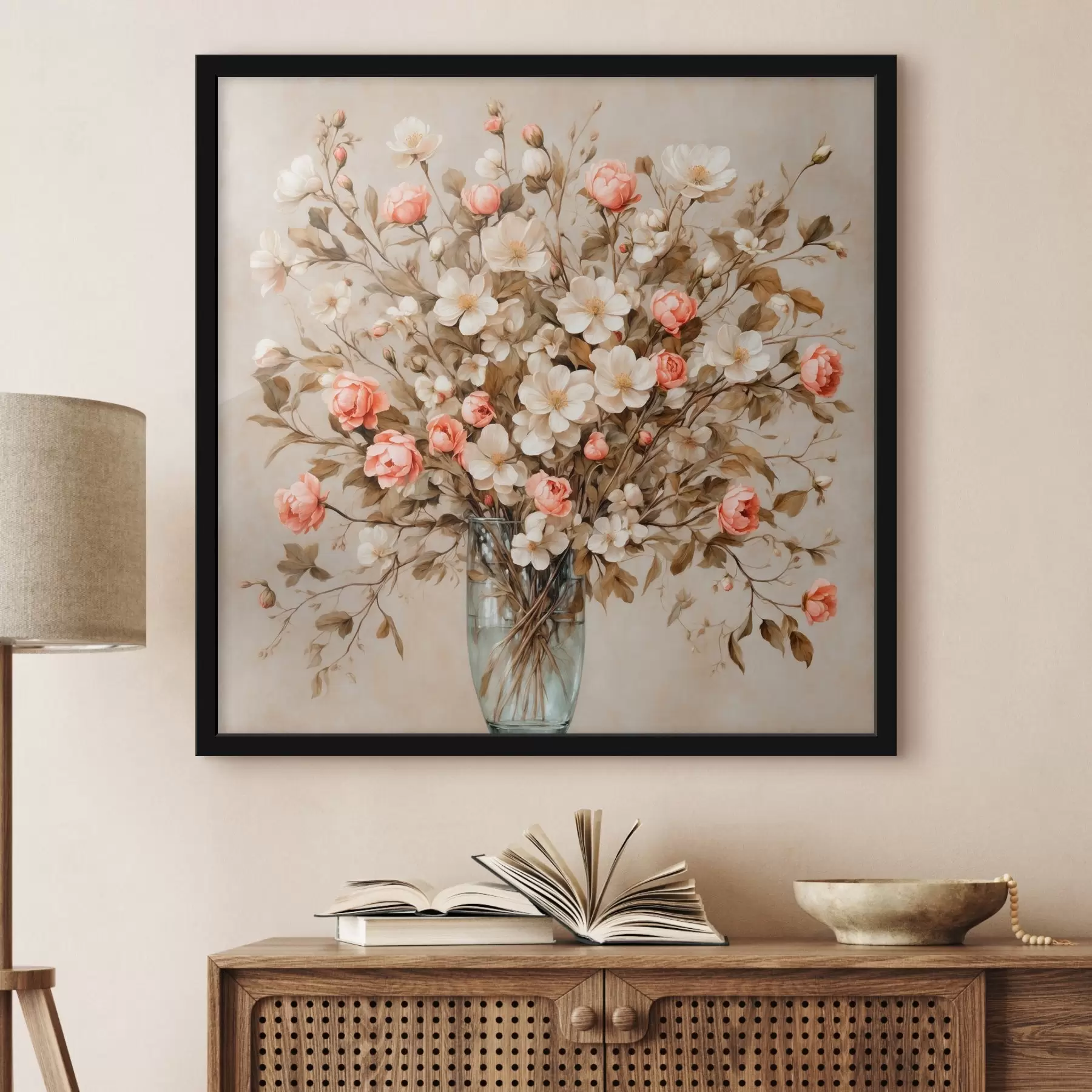 Fotobehang Bloemen in transparante vaas op beige achtergrond f42534
