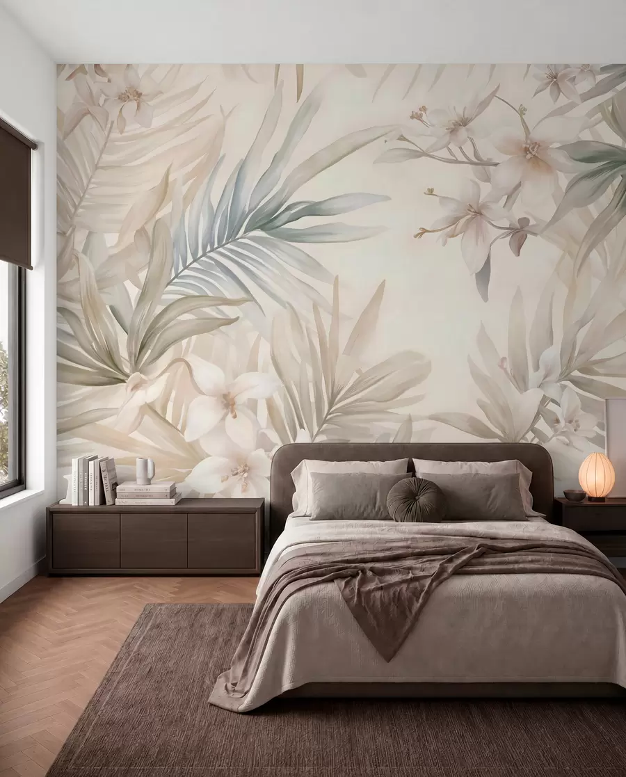 Fotobehang Pastelkleurige tropische bladeren en bloemen, met lichtgroen, crèmekleurig en subtiel roze w08660