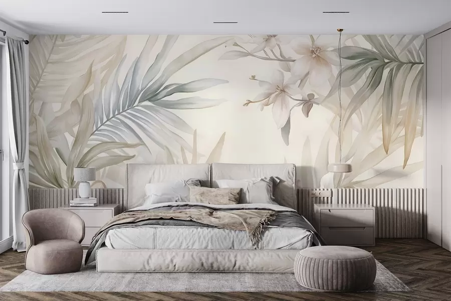 Fotobehang Pastelkleurige tropische bladeren en bloemen, met lichtgroen, crèmekleurig en subtiel roze w08660