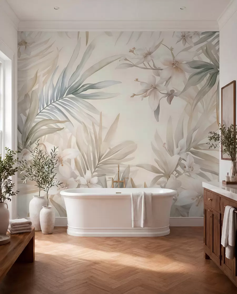 Fotobehang Pastelkleurige tropische bladeren en bloemen, met lichtgroen, crèmekleurig en subtiel roze w08660