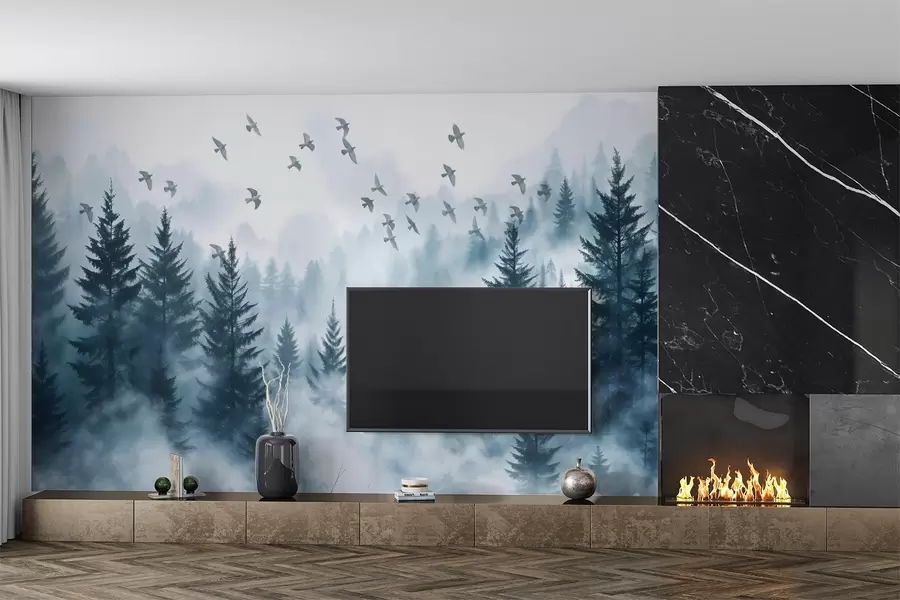 Fotobehang Rustig mistig bos met bomen in blauwe tinten en een zwerm vogels vliegt in de lucht  w08664