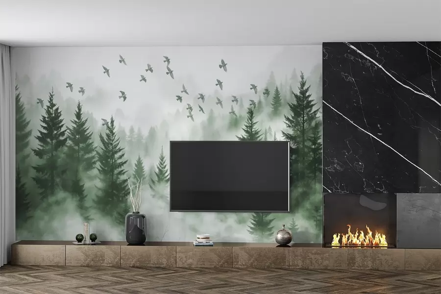 Fotobehang Rustig mistig bos met bomen in groentinten en een zwerm vogels vliegt in de lucht  w08664v1