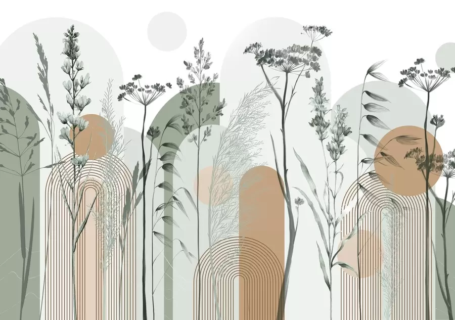 Fotobehang Een verzameling planten en bloemen in neutrale tinten op abstracte boogvormige achtergrond in zachtgroene en oranje tinten w08665v1