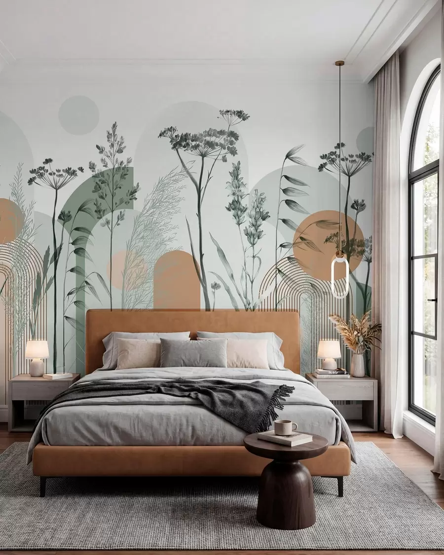 Fotobehang Een verzameling planten en bloemen in neutrale tinten op abstracte boogvormige achtergrond in zachtgroene en oranje tinten w08665v1