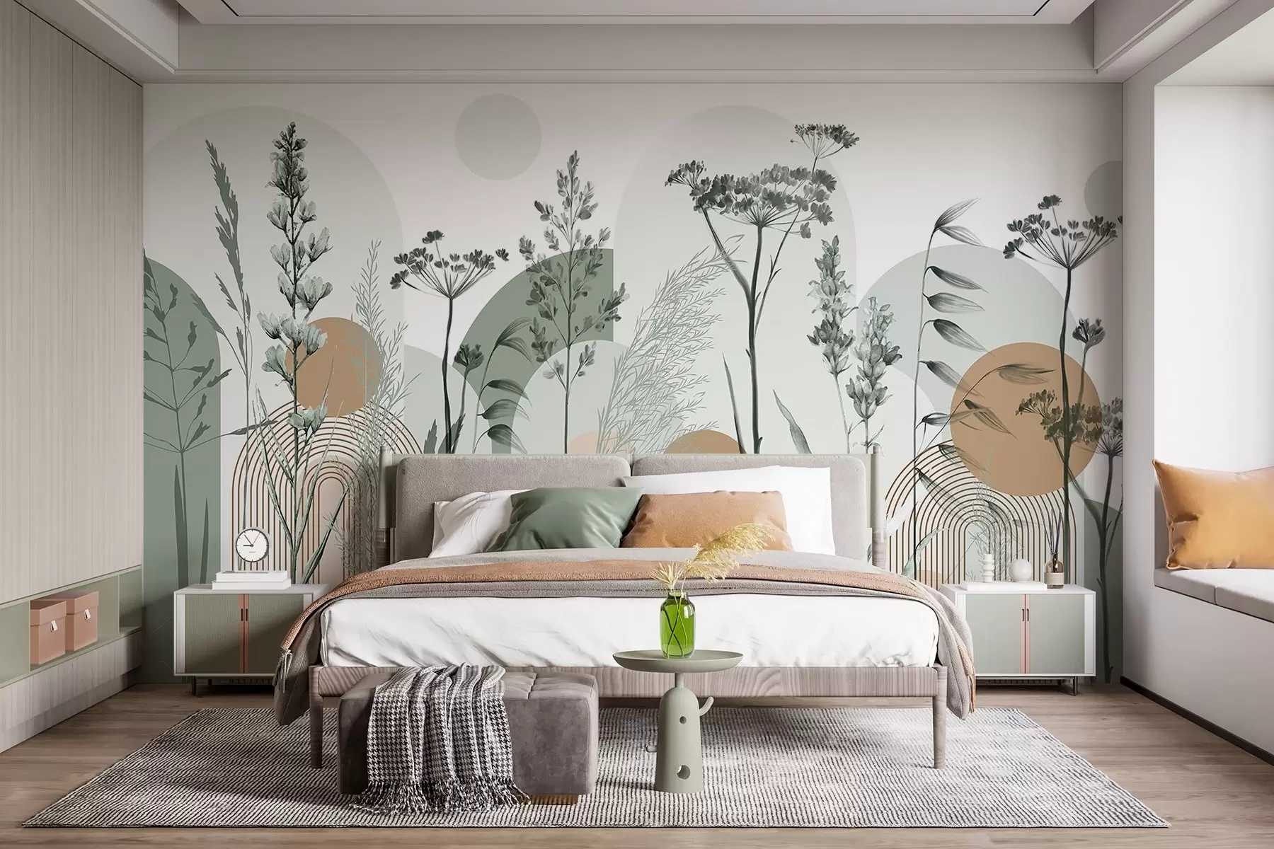 Fotobehang Een verzameling planten en bloemen in neutrale tinten op abstracte boogvormige achtergrond in zachtgroene en oranje tinten w08665v1