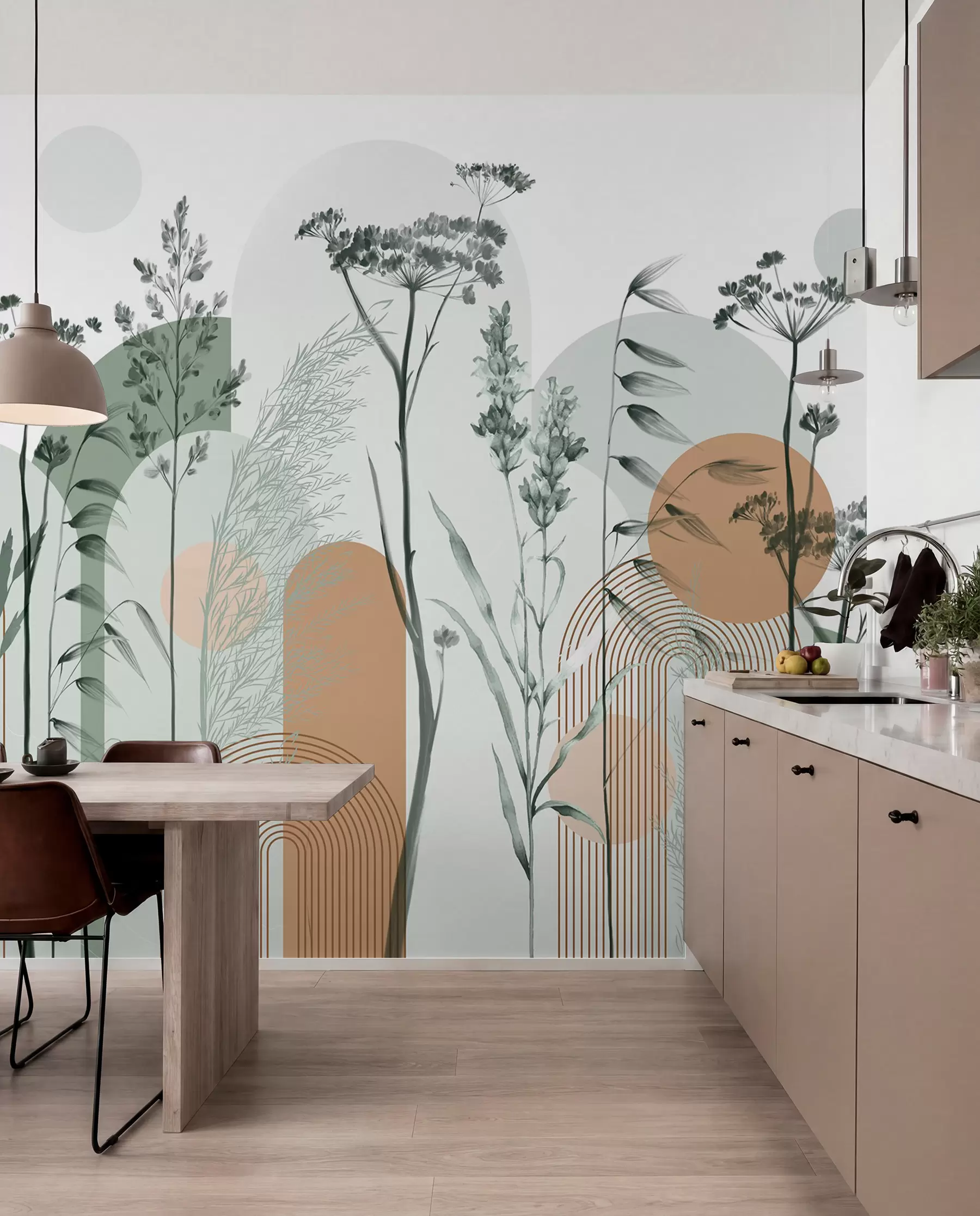 Fotobehang Een verzameling planten en bloemen in neutrale tinten op abstracte boogvormige achtergrond in zachtgroene en oranje tinten w08665v1