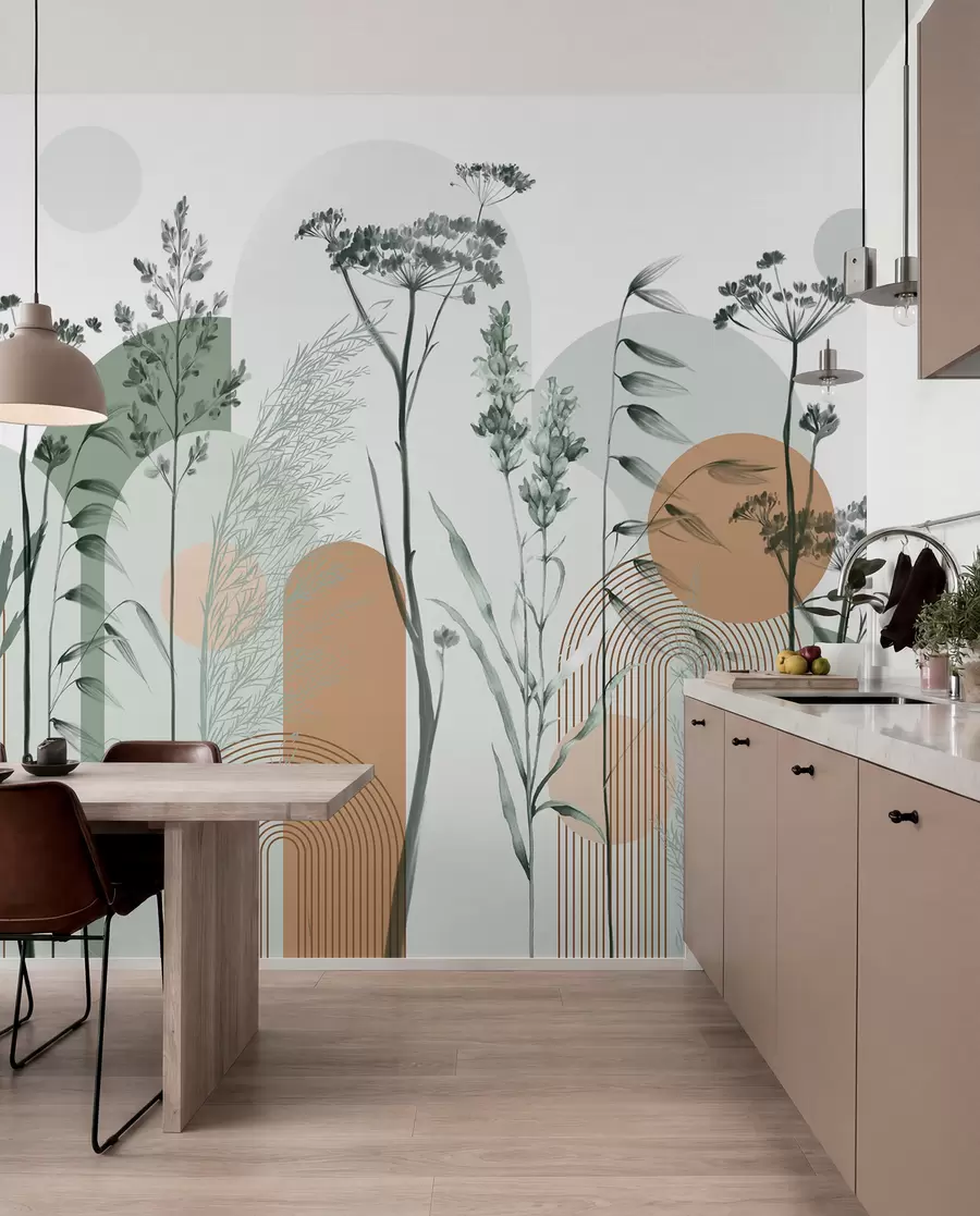 Fotobehang Een verzameling planten en bloemen in neutrale tinten op abstracte boogvormige achtergrond in zachtgroene en oranje tinten w08665v1