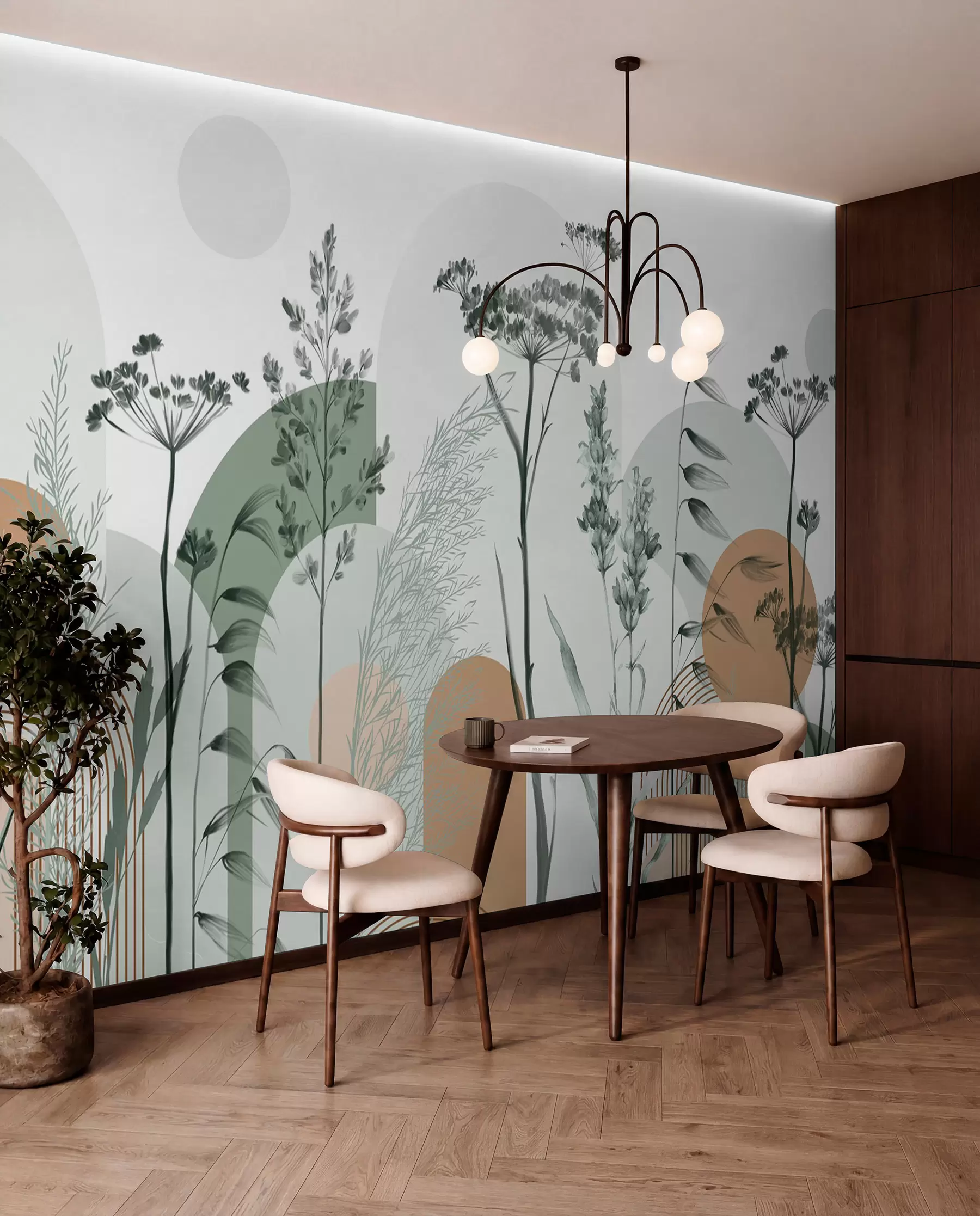 Fotobehang Een verzameling planten en bloemen in neutrale tinten op abstracte boogvormige achtergrond in zachtgroene en oranje tinten w08665v1