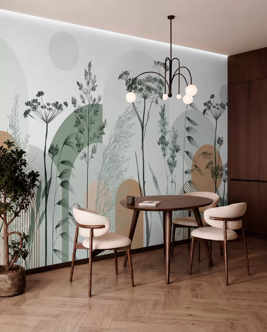 Fotobehang Een verzameling planten en bloemen in neutrale tinten op abstracte boogvormige achtergrond in zachtgroene en oranje tinten w08665v1