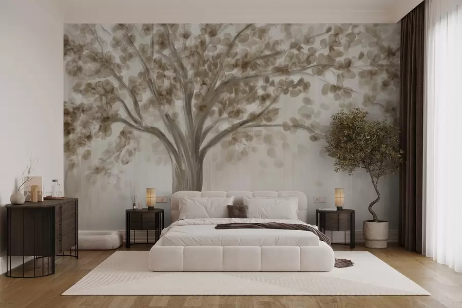 Fotobehang Een grote boom met zachte, abstracte bladeren in beige op een lichte, neutrale achtergrond die de tinten van de boom versterkt  w08669
