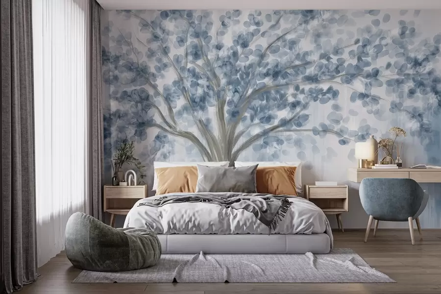 Fotobehang Een grote boom met zachte, abstracte bladeren in blauw op een lichte, neutrale achtergrond die de tinten van de boom versterkt  w08669v1