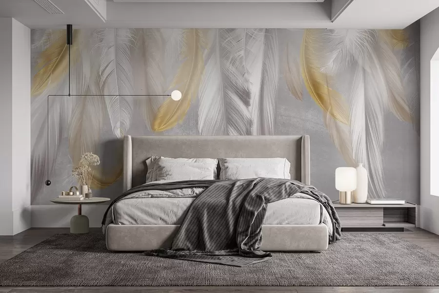 Fotobehang Witte en gele veren tegen een zachtgrijze achtergrond, waardoor een delicate en luchtige compositie ontstaat w08670