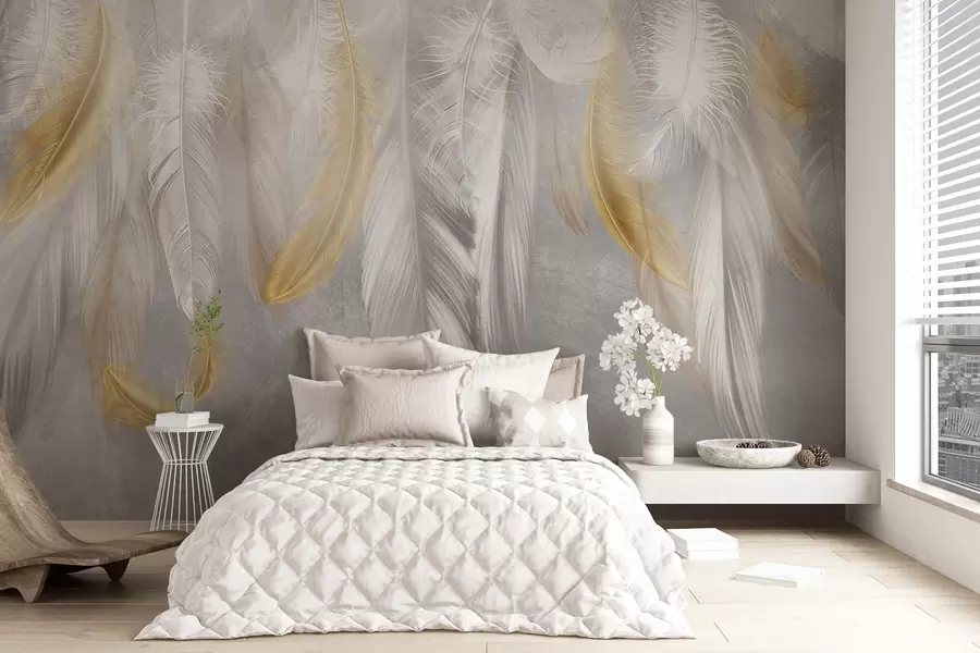 Fotobehang Witte en gele veren tegen een zachtgrijze achtergrond, waardoor een delicate en luchtige compositie ontstaat w08670