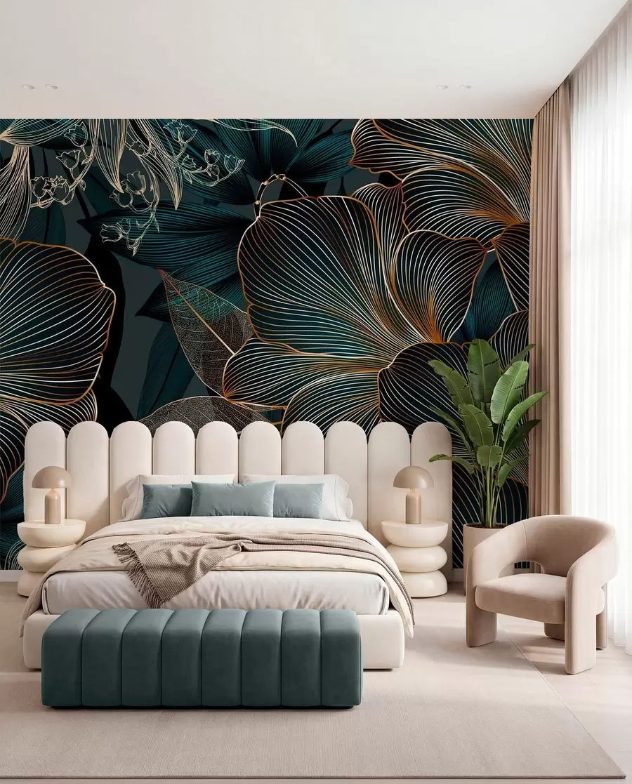 Fotobehang Gestileerde bloemen en bladeren met ingewikkeld lijnwerk in groenblauwe en gele tinten op donkere achtergrond w08675