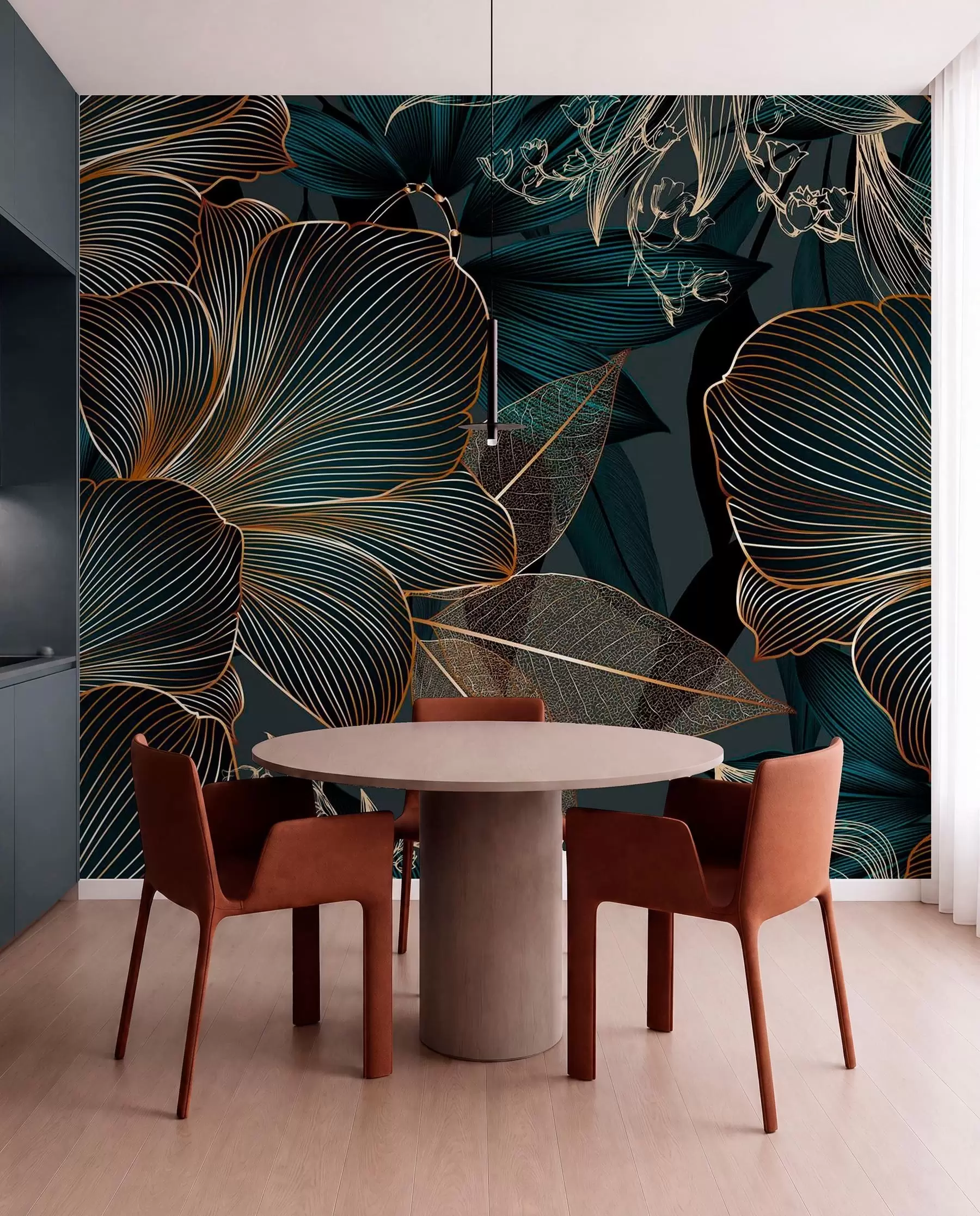 Fotobehang Gestileerde bloemen en bladeren met ingewikkeld lijnwerk in groenblauwe en gele tinten op donkere achtergrond w08675