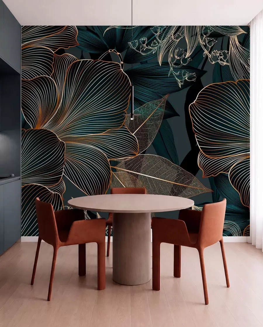 Fotobehang Gestileerde bloemen en bladeren met ingewikkeld lijnwerk in groenblauwe en gele tinten op donkere achtergrond w08675