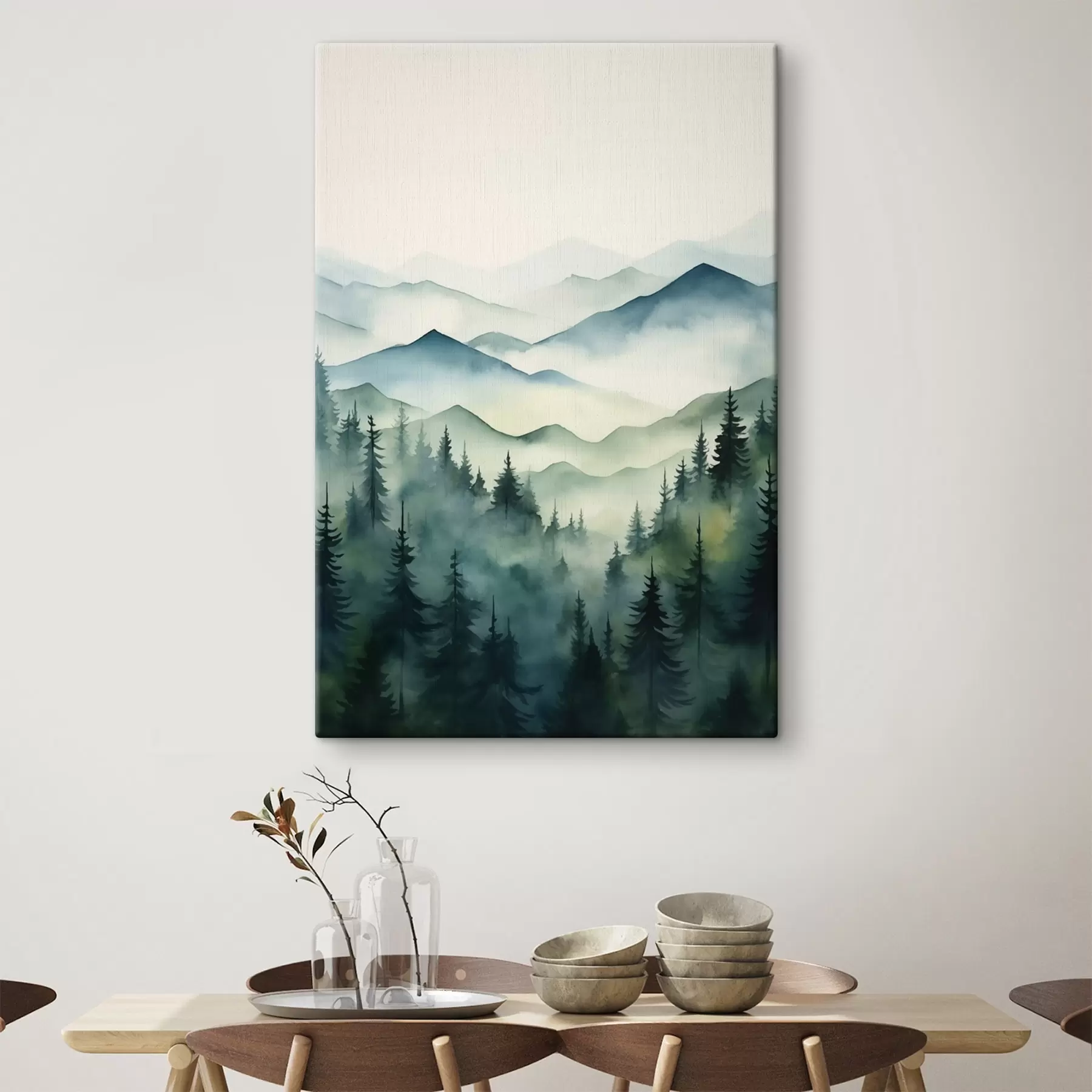 Fotobehang Mistig landschap met bergen en bos s42662