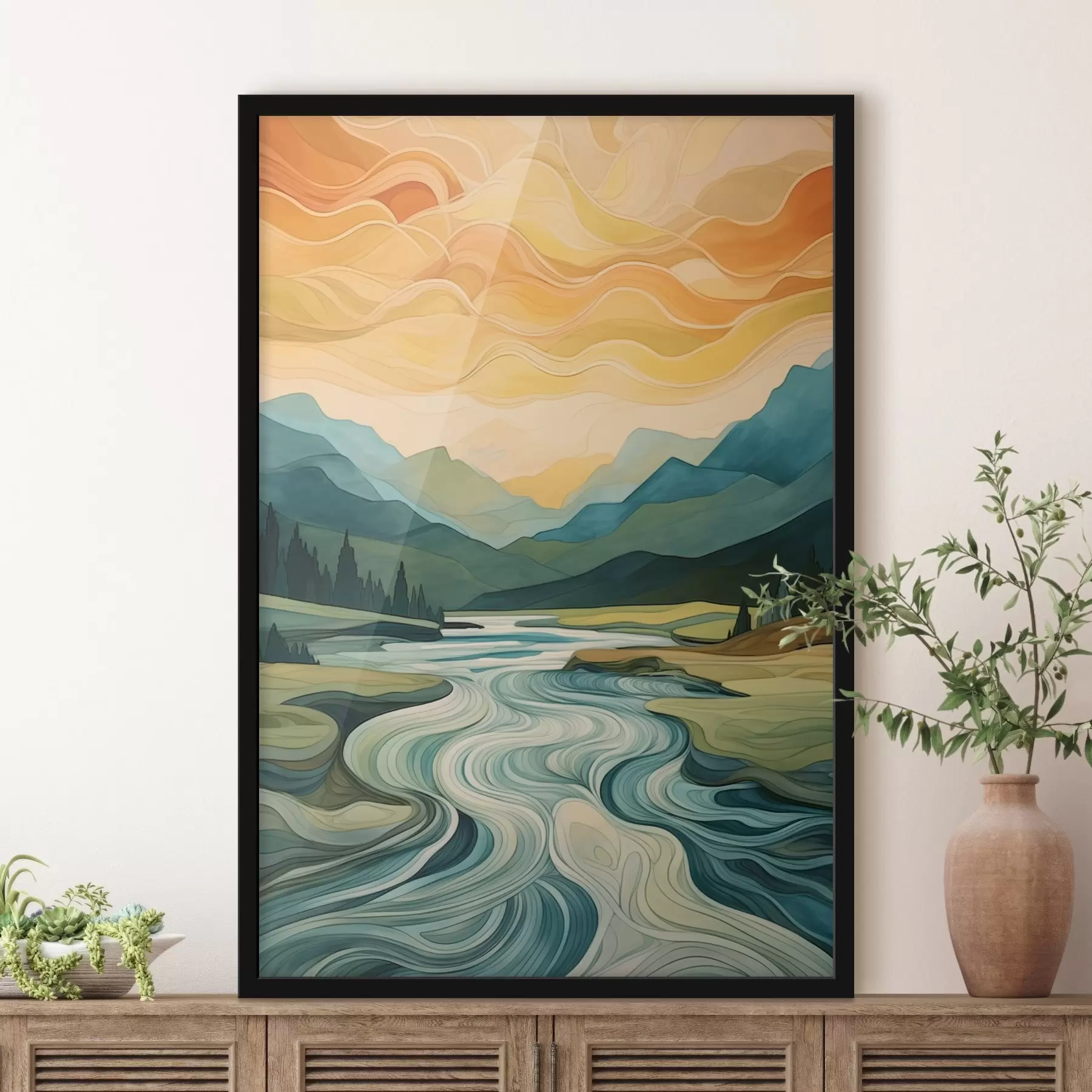 Fotobehang Landschap met rivier in abstracte stijl f42652