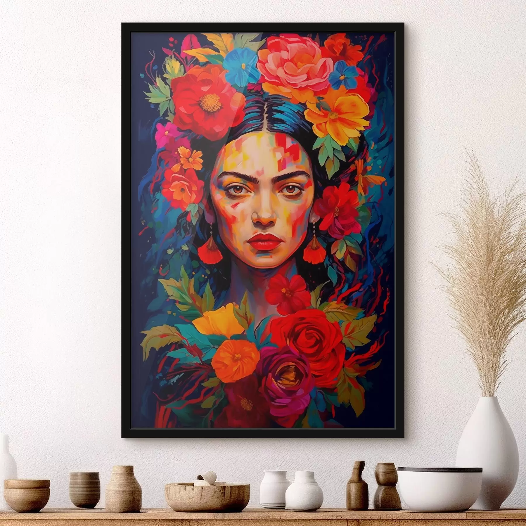 Fotobehang Vrouwenportret met bloemenframe in heldere abstracte stijl f42653