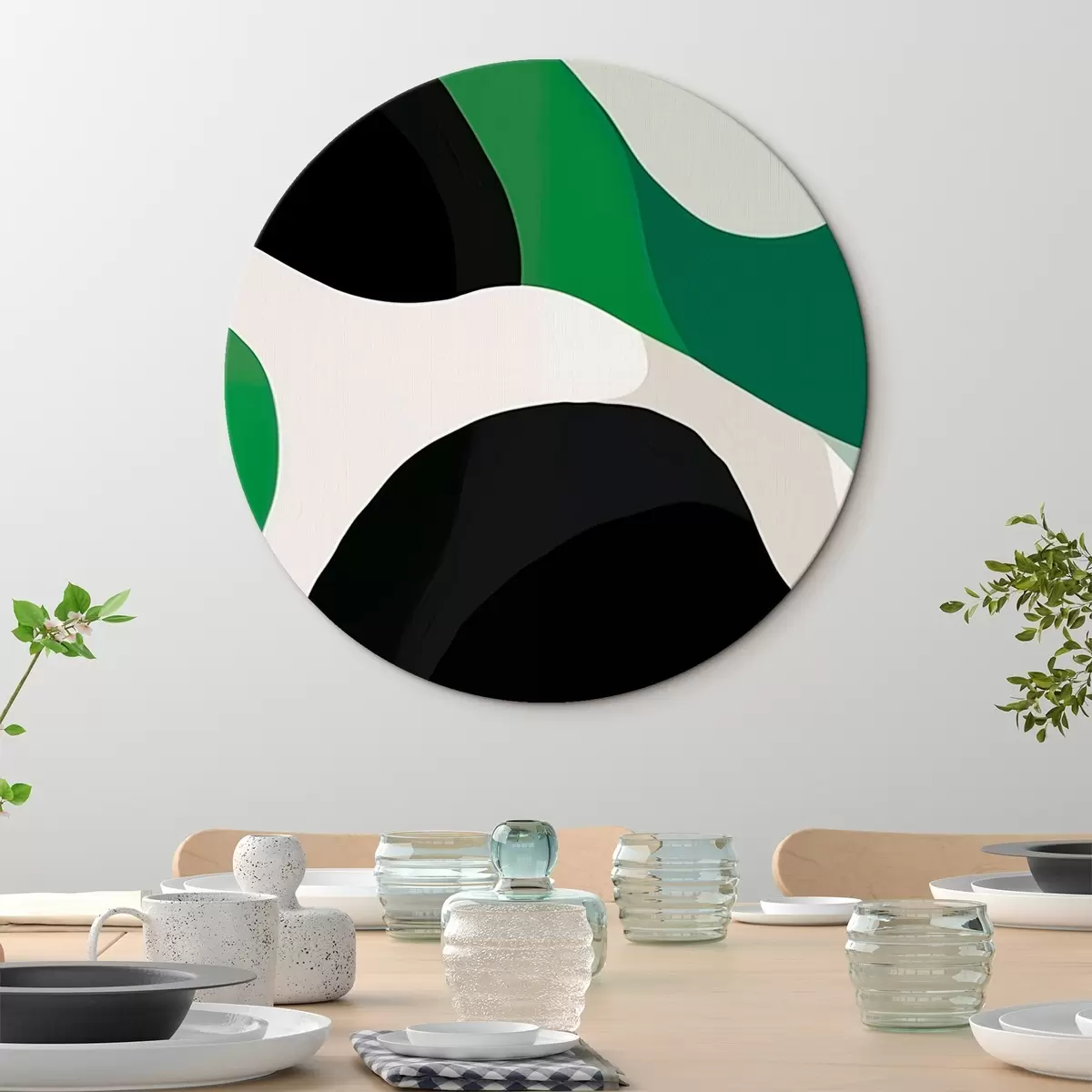 Ronde schilderijen Abstract geometrisch patroon in groene en zwarte tinten r42651