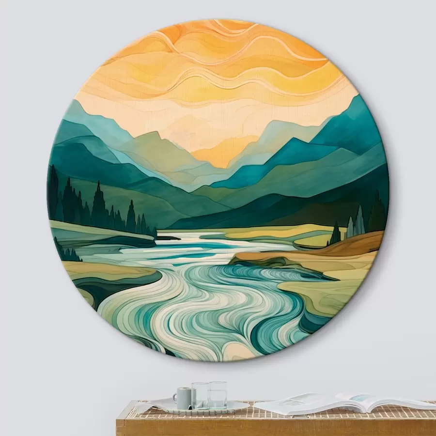 Fotobehang Landschap met rivier in abstracte stijl r42652