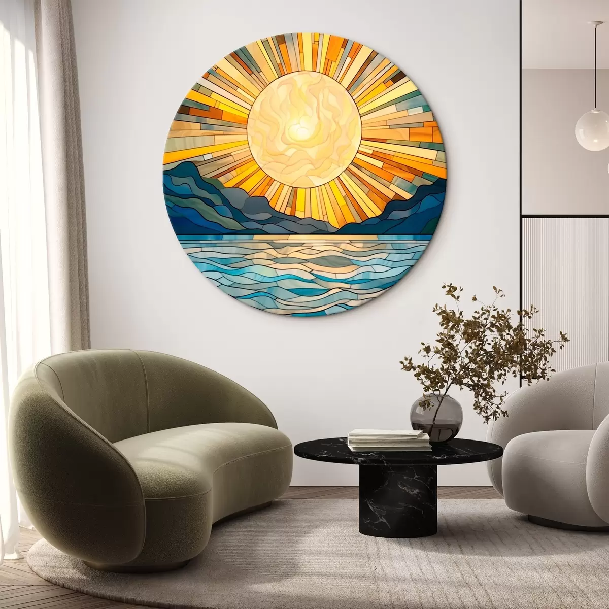 Ronde schilderijen Zon en golven in de stijl van glas-in-loodkunst r42654