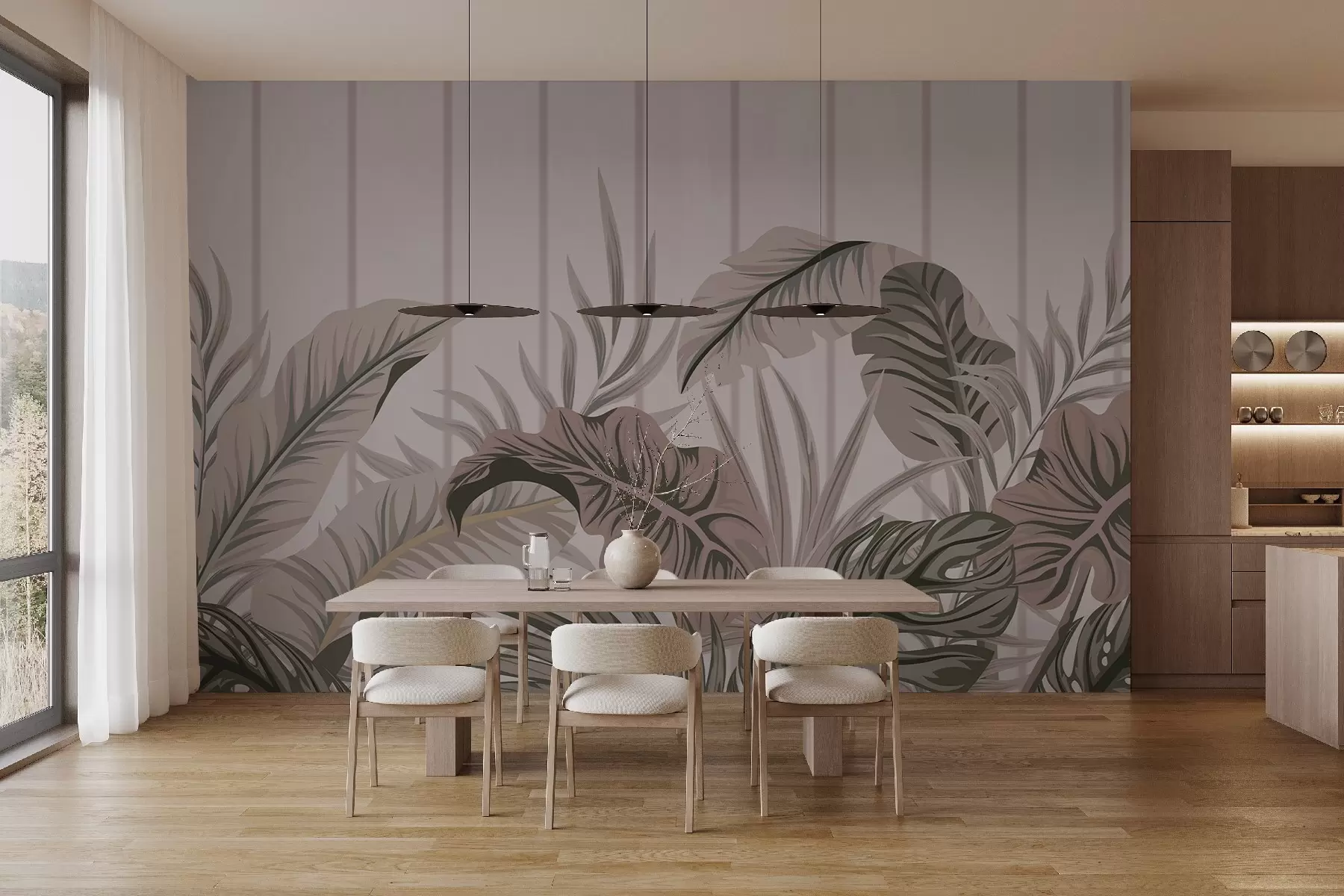 Fotobehang Tropisch bladerpatroon in gedempte groene en beige tinten op een lichte achtergrond met verticale lijnen w08683v1