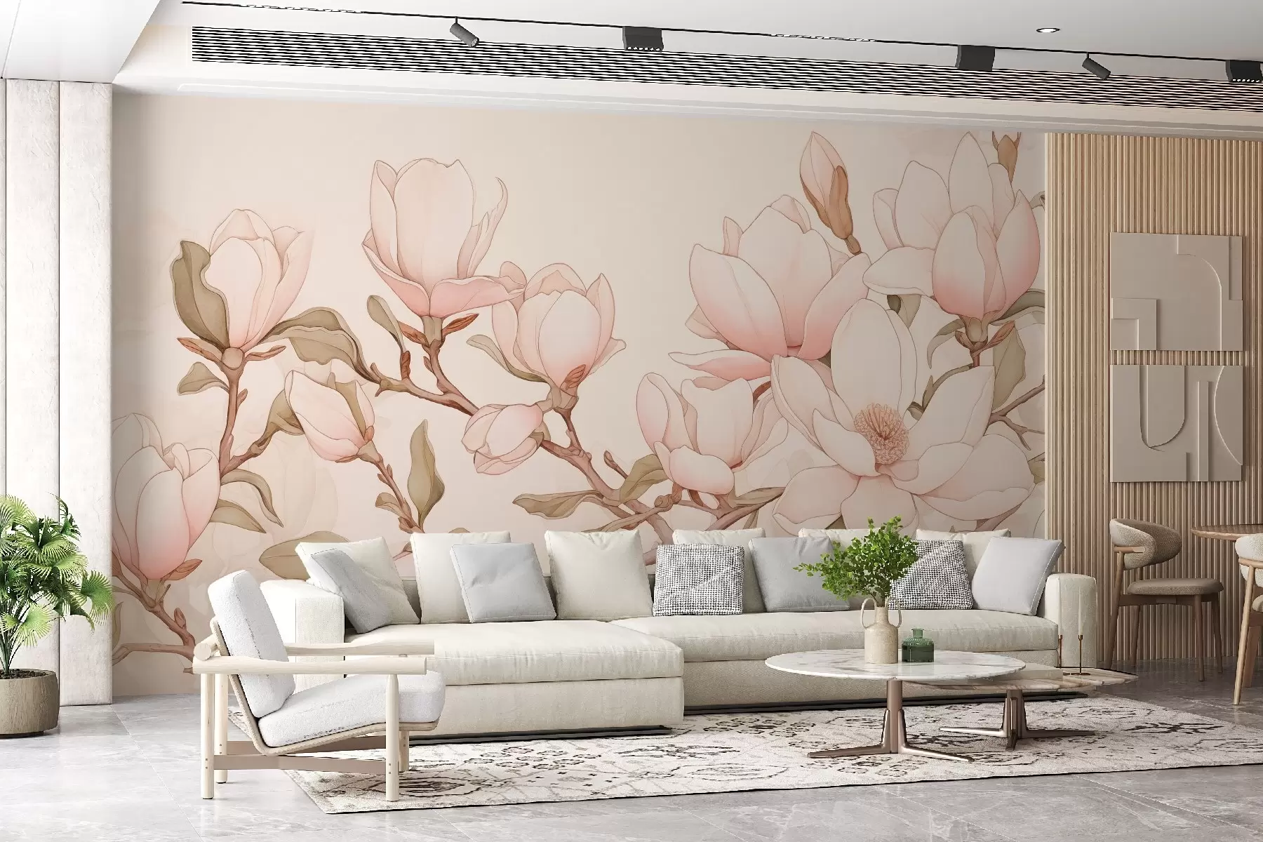 Fotobehang Magnolia takken met delicate roze bloemen op een lichte achtergrond, creëren een verfijnde en rustige sfeer w08688