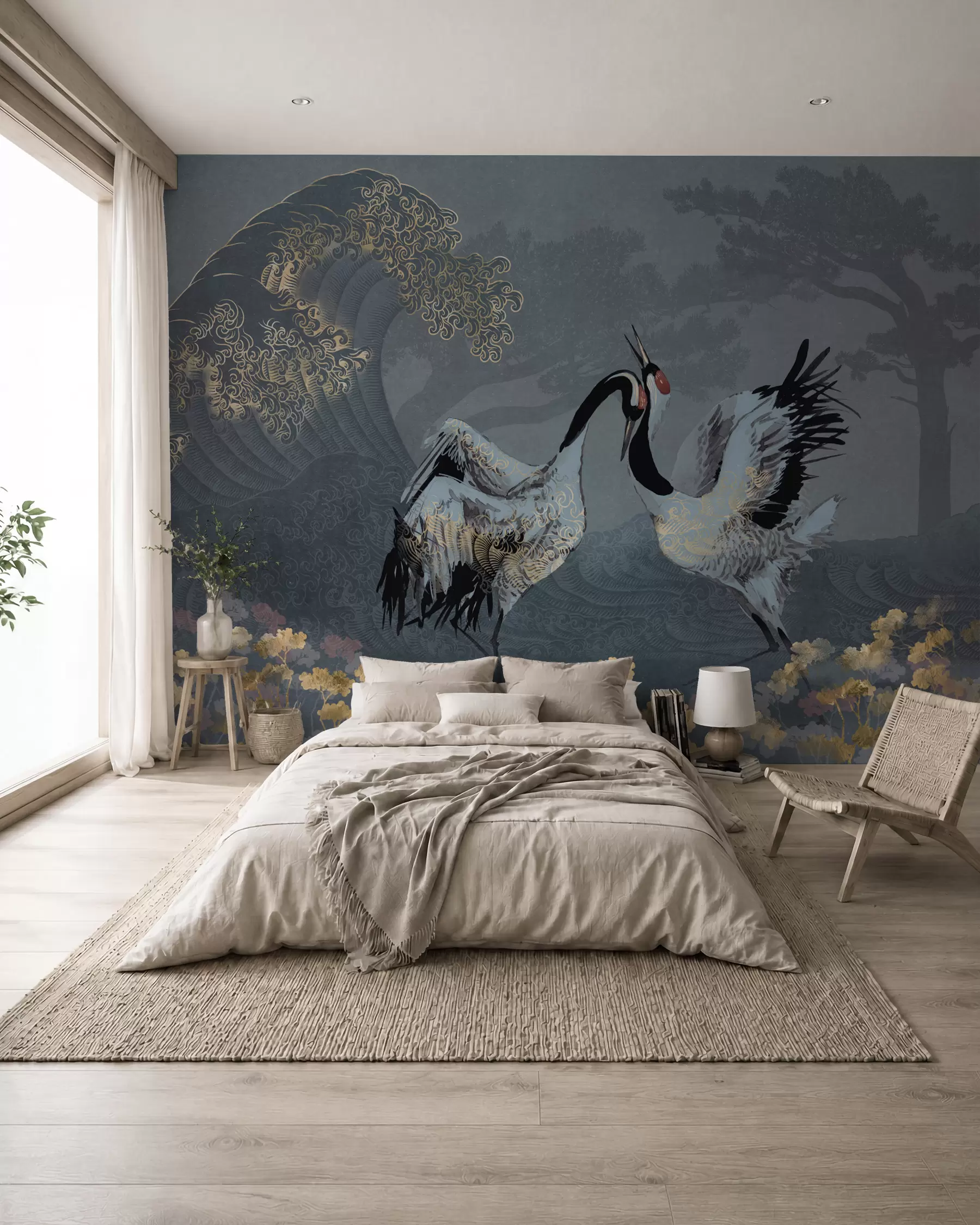 Fotobehang Kraanvogels, bomen en golven met elementen in Chinese stijl w02747
