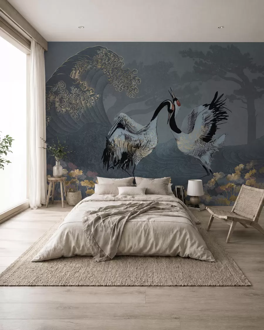 Fotobehang Kraanvogels, bomen en golven met elementen in Chinese stijl w02747