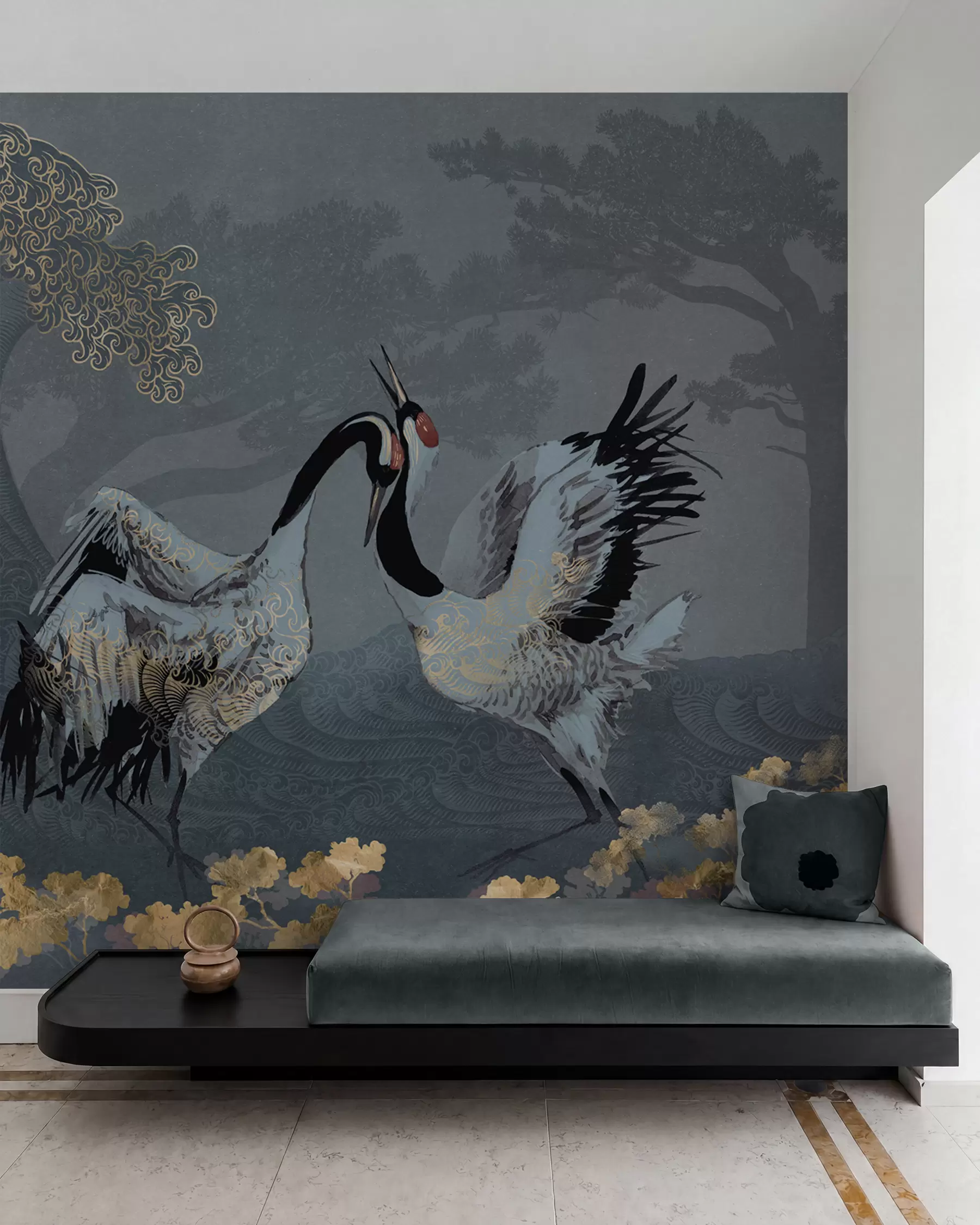 Fotobehang Kraanvogels, bomen en golven met elementen in Chinese stijl w02747