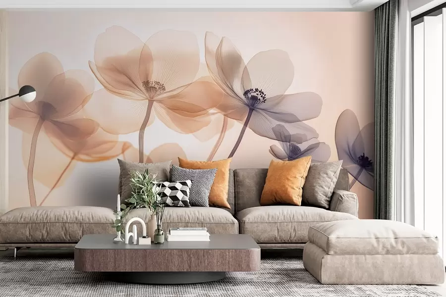 Fotobehang Luchtige wilde bloemen in blauwe en oranje tinten w08490v1