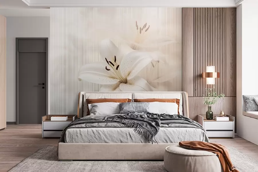 Fotobehang Delicate beige lelies op een achtergrond van verticale strepen w08676