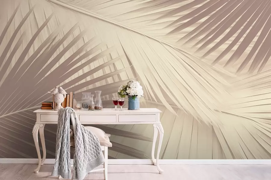 Fotobehang Abstracte palmbladeren in zachte tinten w08677