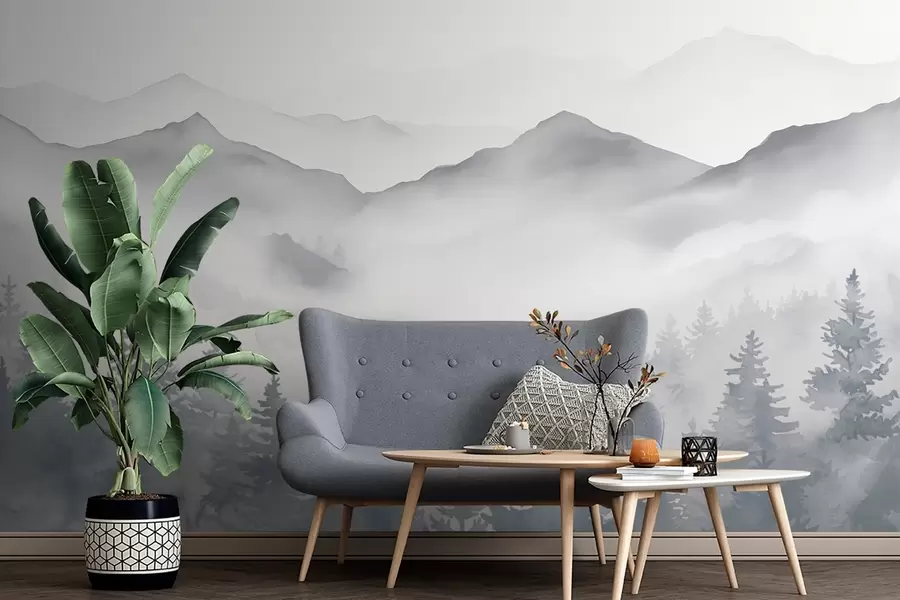 Fotobehang Sereen berglandschap met mistige bossen in zachte grijze en blauwe tinten w08680