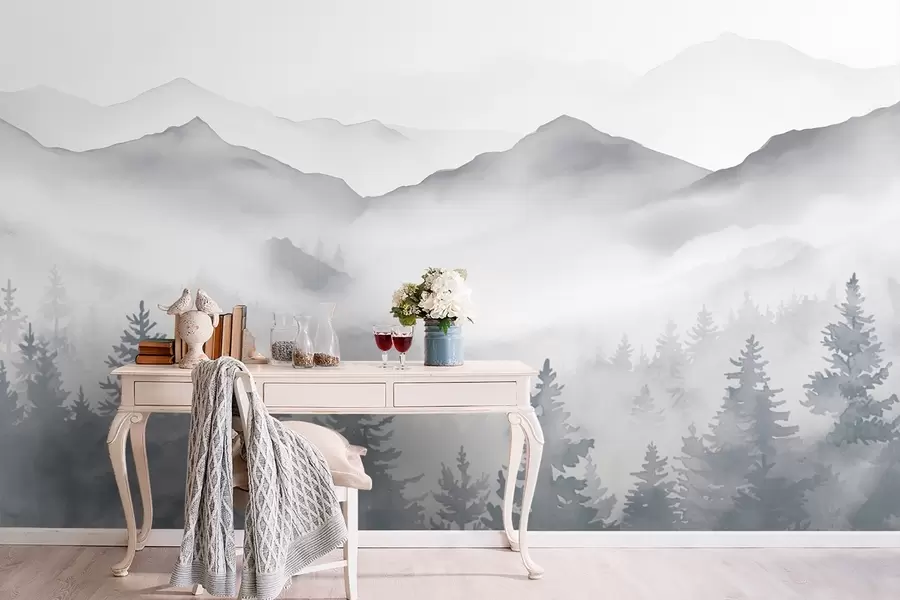 Fotobehang Sereen berglandschap met mistige bossen in zachte grijze en blauwe tinten w08680