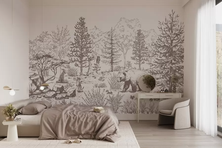 Fotobehang Bosleven, bomen, wilde dieren, beer, vos, uil, struiken, potloodtekening, beige kleuren w02929