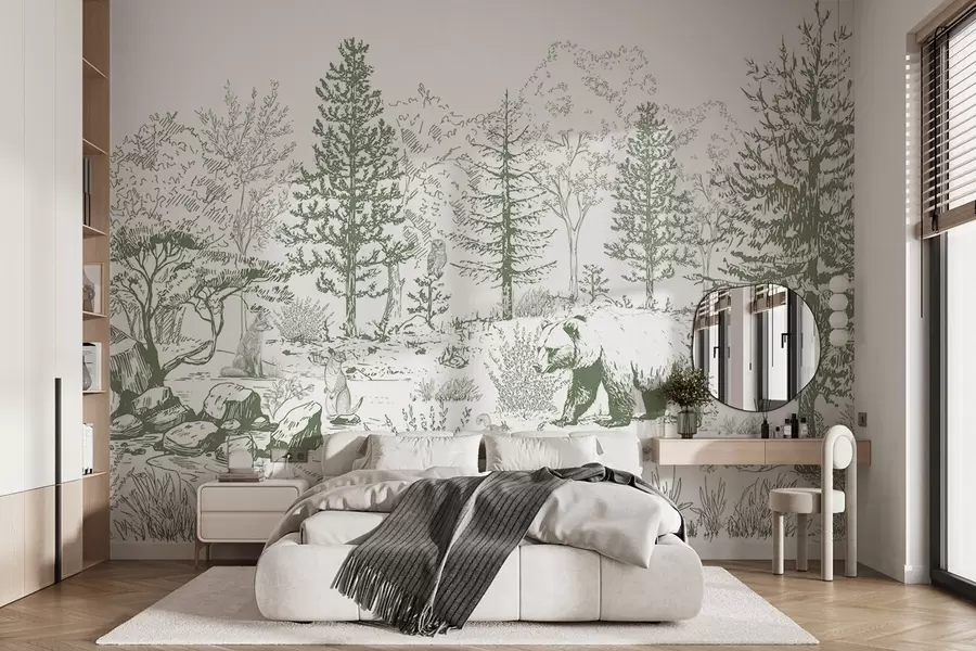 Fotobehang Bosleven, bomen, wilde dieren, beer, vos, uil, struiken, potloodtekening, groene kleuren w02929v2