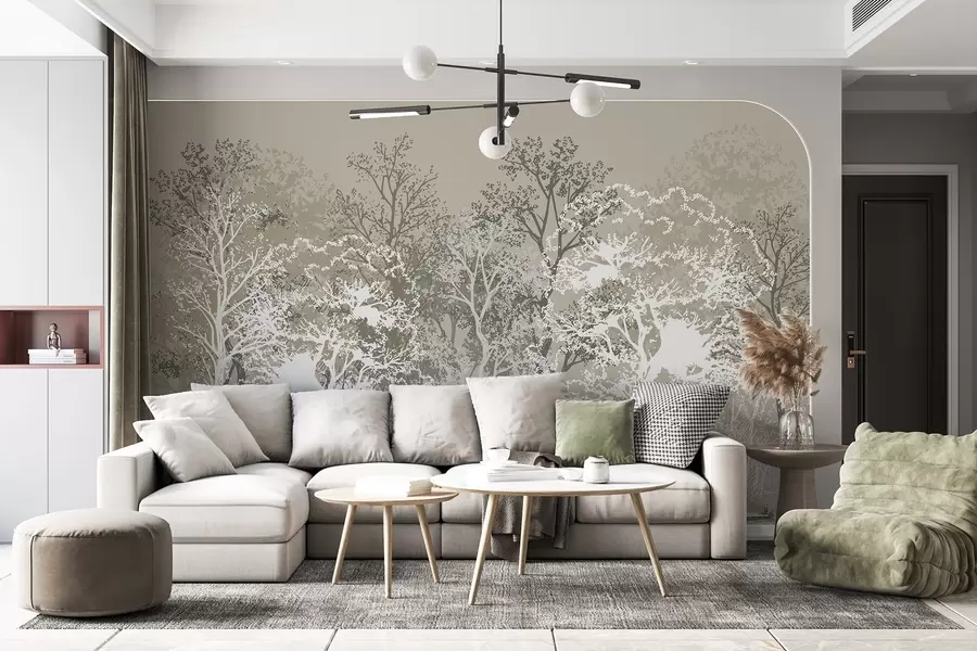 Fotobehang Bomen in het bos, minimalisme, natuur, groen kleurenpalet  w02930v1