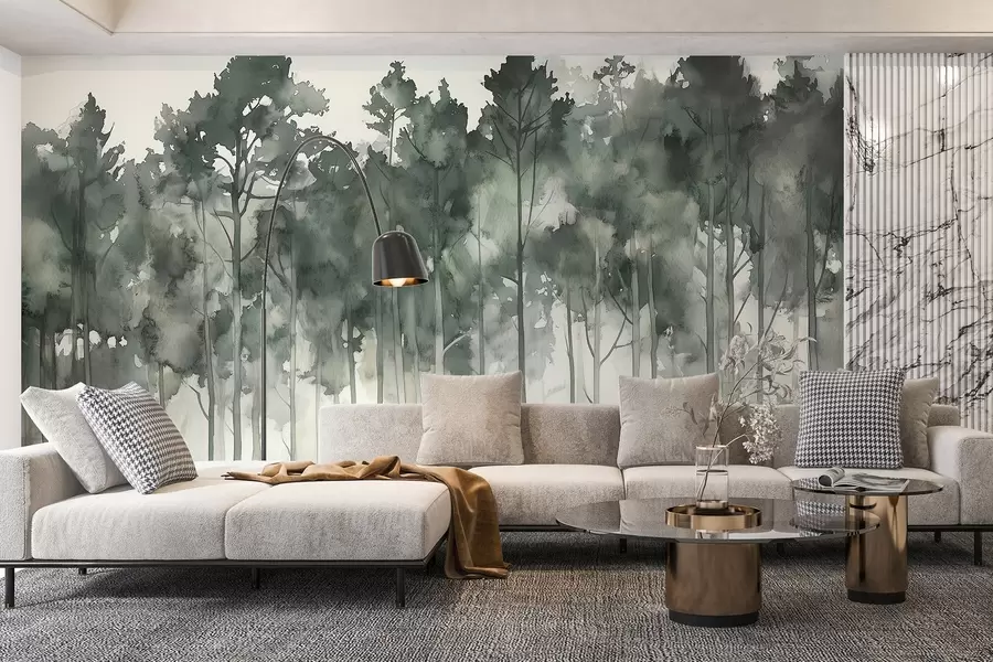 Fotobehang Bos in aquarelstijl, dennenbomen, natuurlandschap, groene kleuren w02937