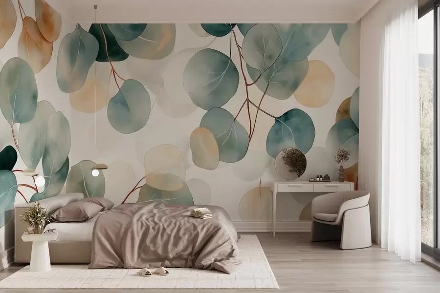Fotobehang Eucalyptustekening in aquarelstijl, zachte pastelkleuren, bloemig w02938