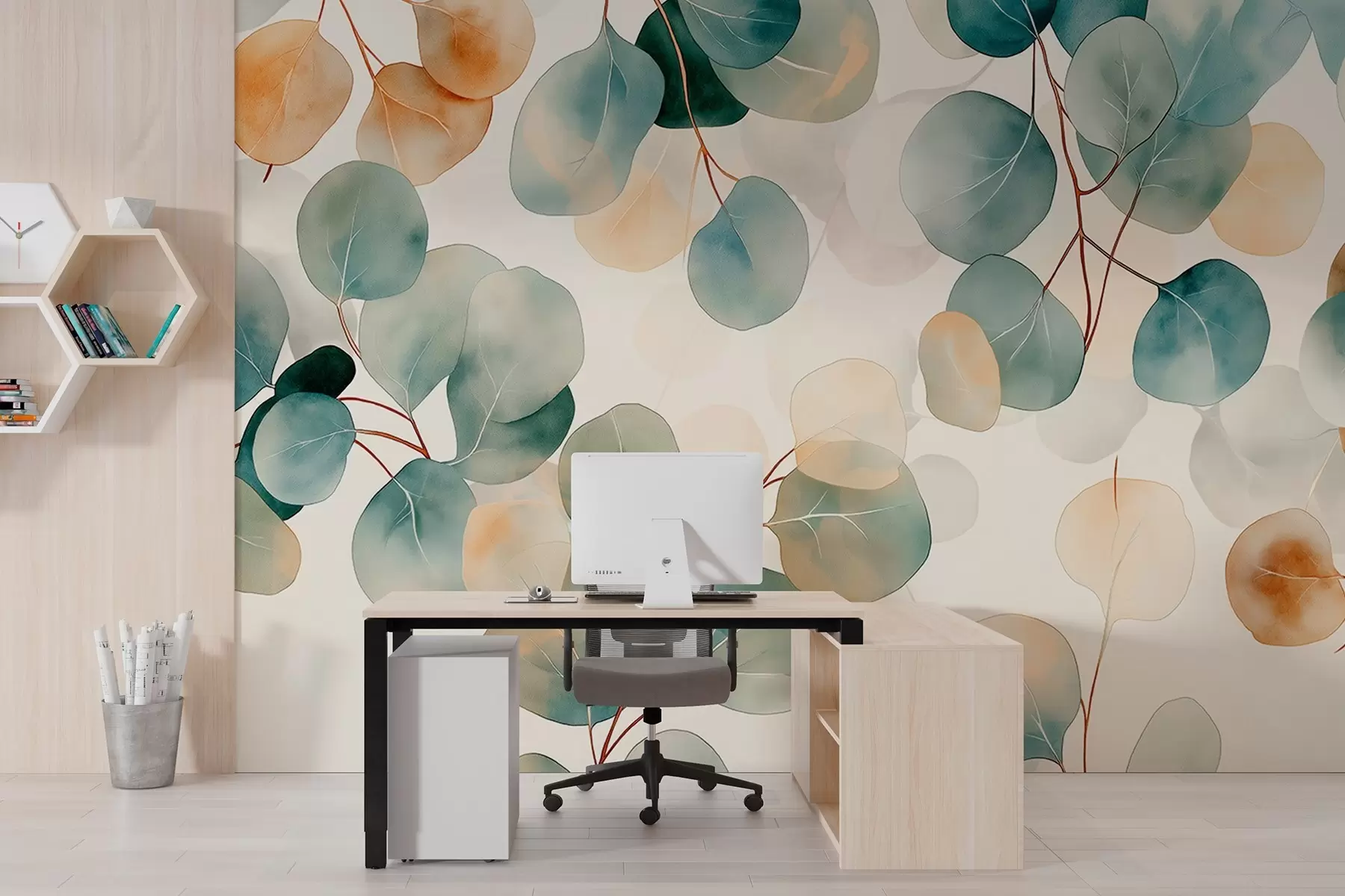 Fotobehang Eucalyptustekening in aquarelstijl, zachte pastelkleuren, bloemig w02938
