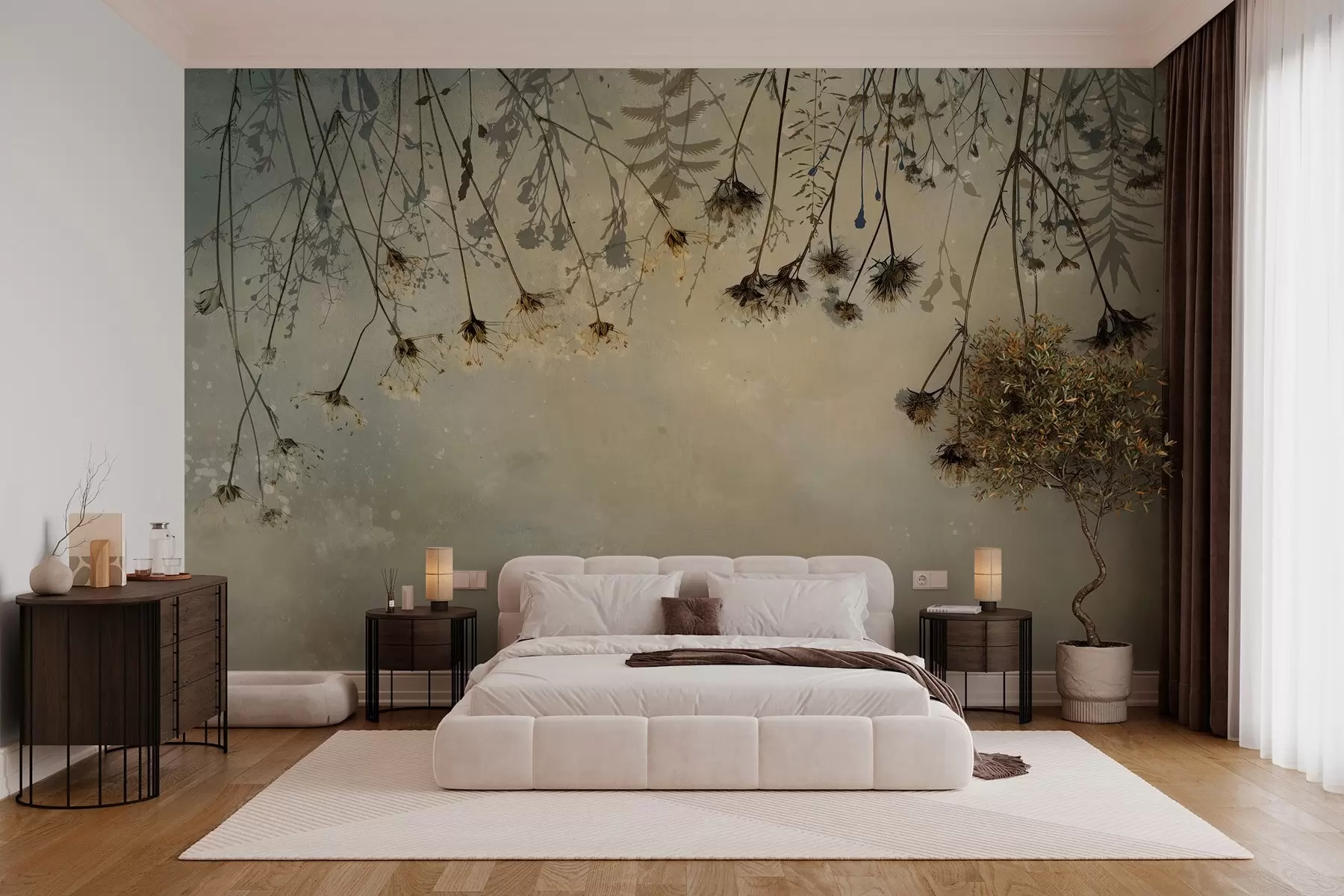 Fotobehang Wilde bloemen hangen van boven in warme kleuren w02877