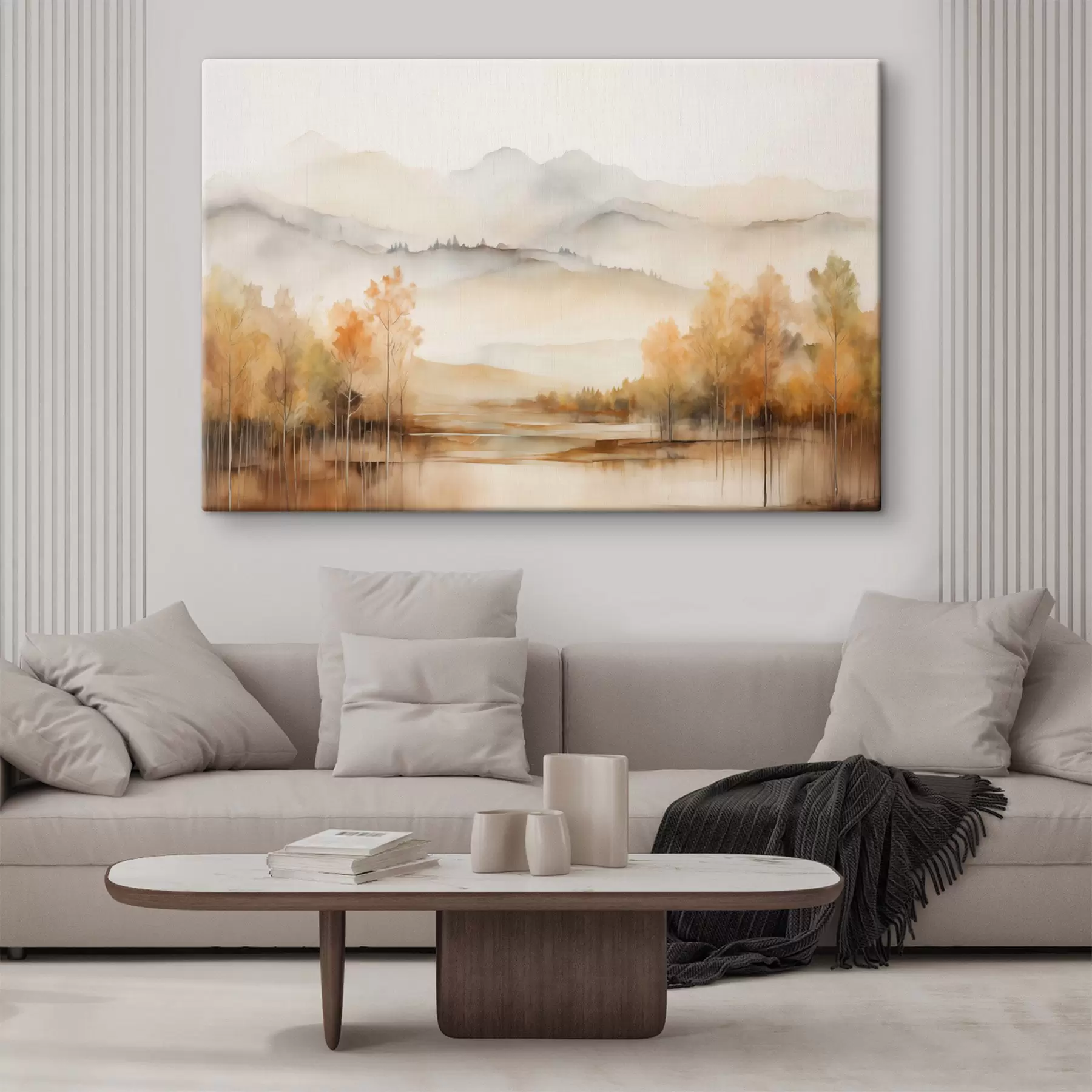  Schilderijen Landschap met zachte bergen met een kalm meer dat het landschap weerspiegelt en bomen met oranje gebladerte s42716