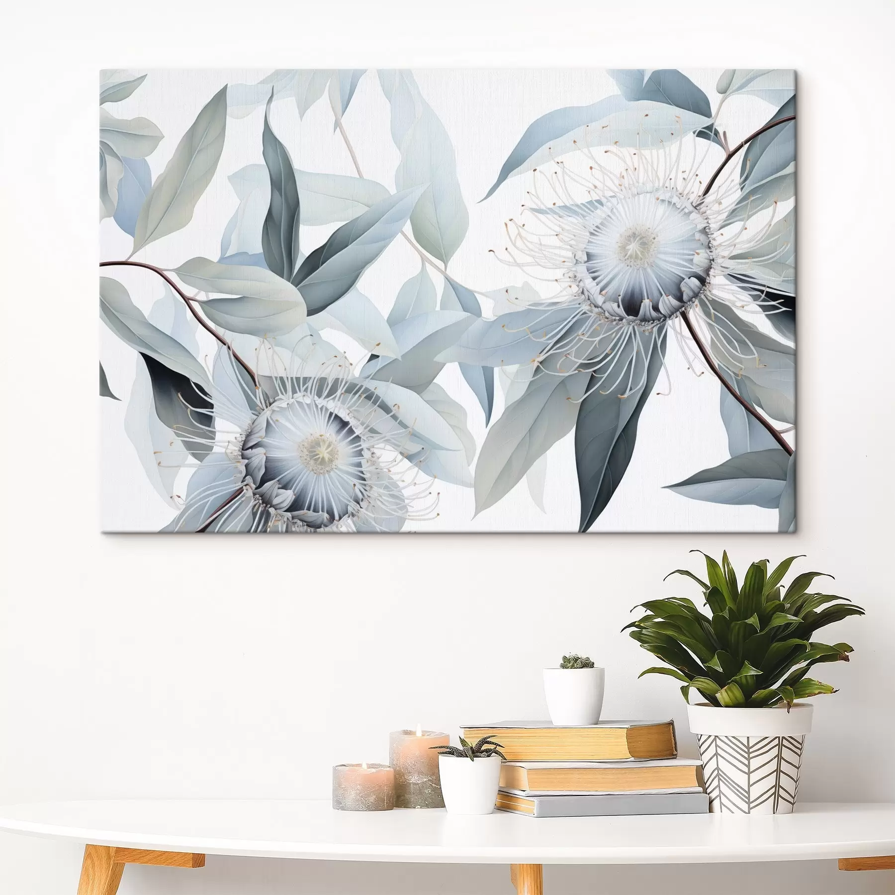  Schilderijen Gedetailleerde botanische illustratie van eucaliptusbloemen met witte filamenten, omringd door zachte, lichtgroene bladeren s42725